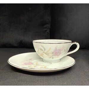 Elegant Fine China Sharon 1765 Japan Rose Pattern Cup & Saucer Set Silver Trim